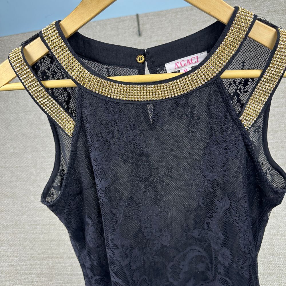 A'Gaci Sz M Top Black Crystal Lace Tank Vegas Fairy Whimsigoth Mob Wife Party - Picture 9 of 10